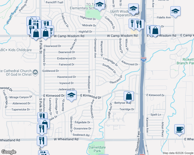 map of restaurants, bars, coffee shops, grocery stores, and more near 7625 Greenspan Avenue in Dallas