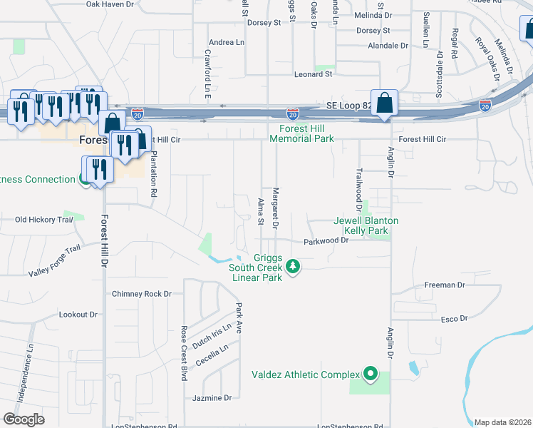 map of restaurants, bars, coffee shops, grocery stores, and more near 6820 Margaret Drive in Forest Hill