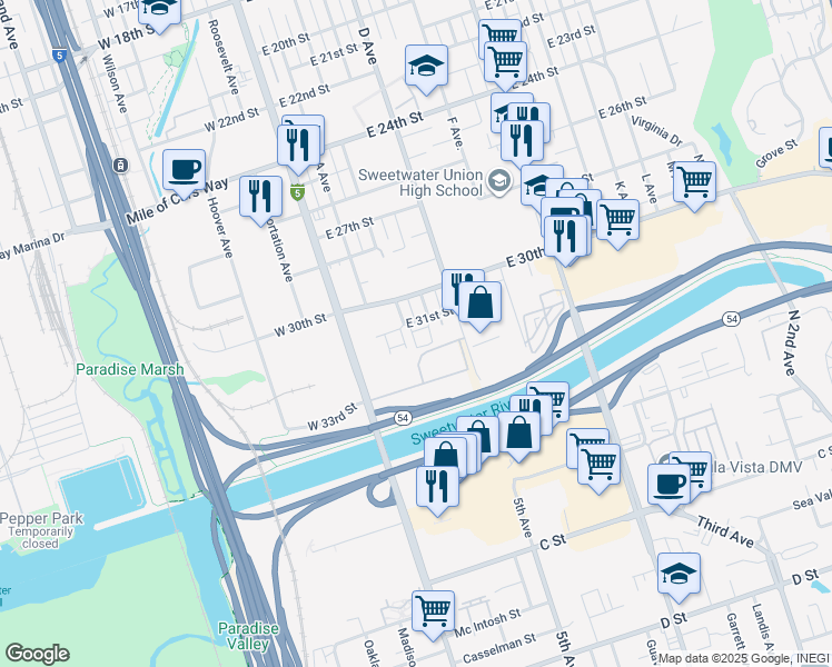 map of restaurants, bars, coffee shops, grocery stores, and more near 254 East 31st Street in National City