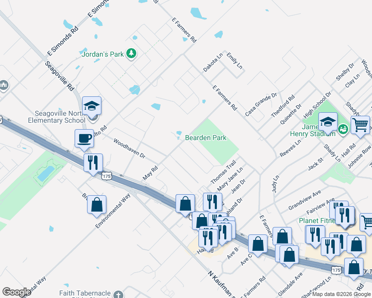 map of restaurants, bars, coffee shops, grocery stores, and more near 401 May Road in Seagoville