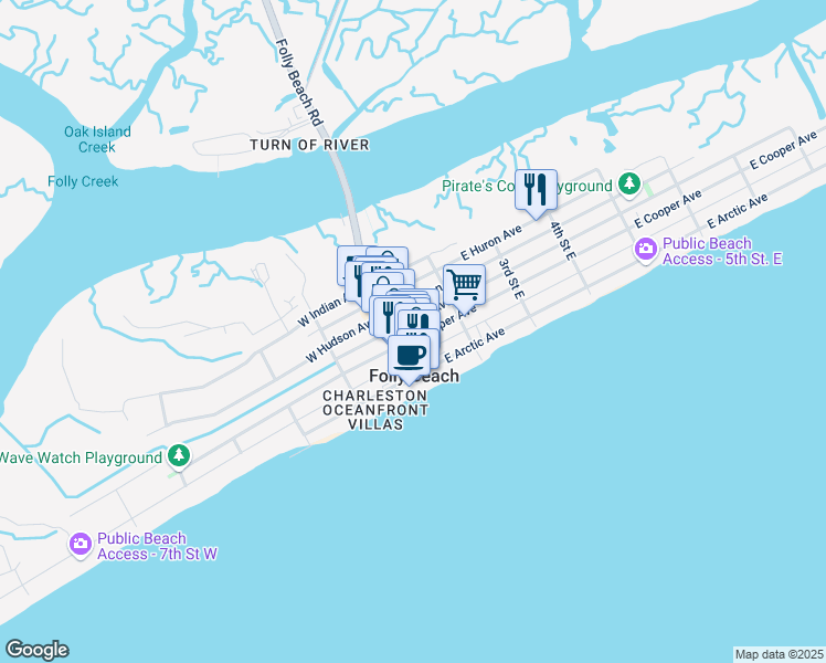 map of restaurants, bars, coffee shops, grocery stores, and more near 26 Center Street in Folly Beach