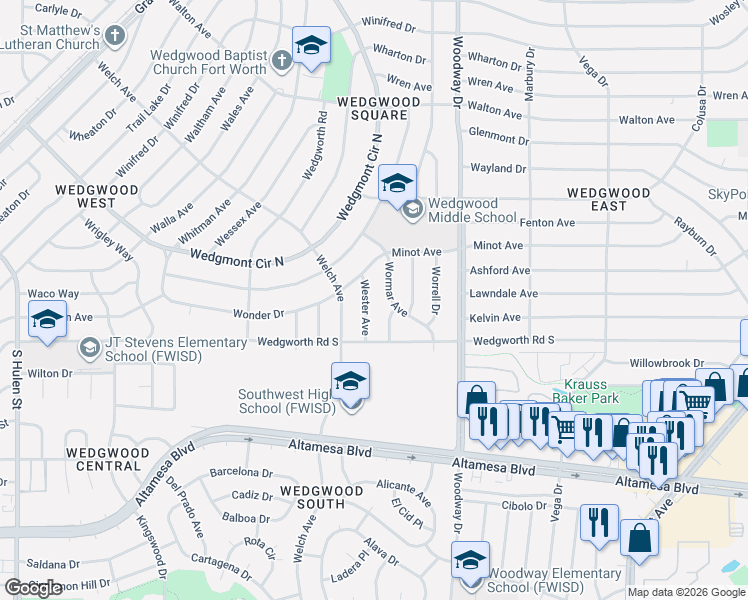 map of restaurants, bars, coffee shops, grocery stores, and more near 6024 Wormar Avenue in Fort Worth