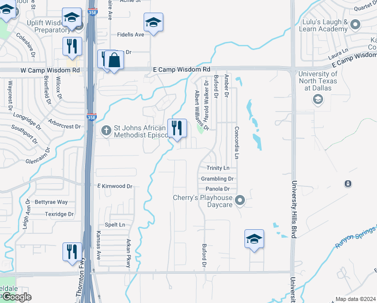 map of restaurants, bars, coffee shops, grocery stores, and more near 7522 Wesleyan Drive in Dallas