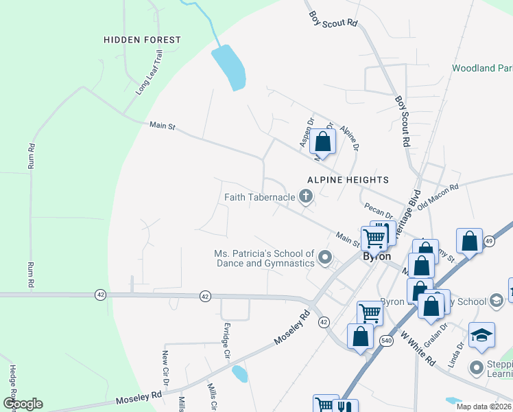 map of restaurants, bars, coffee shops, grocery stores, and more near 103 Fawn Court in Byron