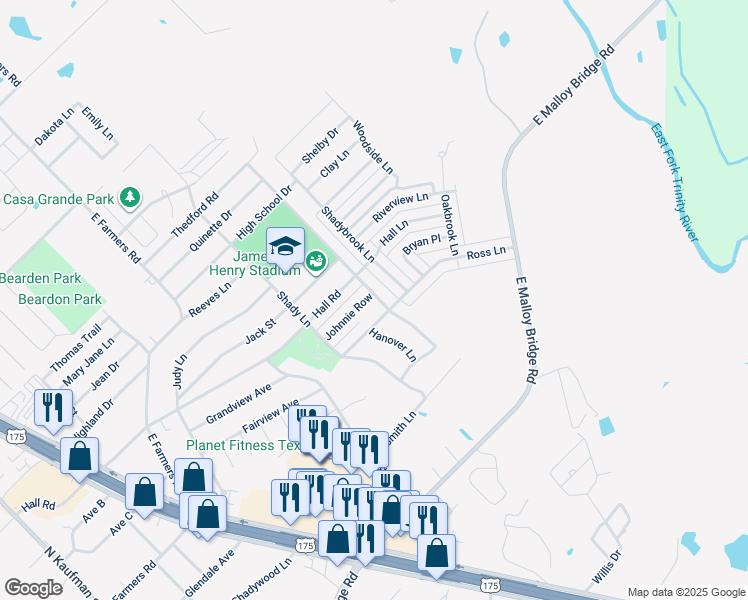 map of restaurants, bars, coffee shops, grocery stores, and more near 826 Johnnie Row in Seagoville