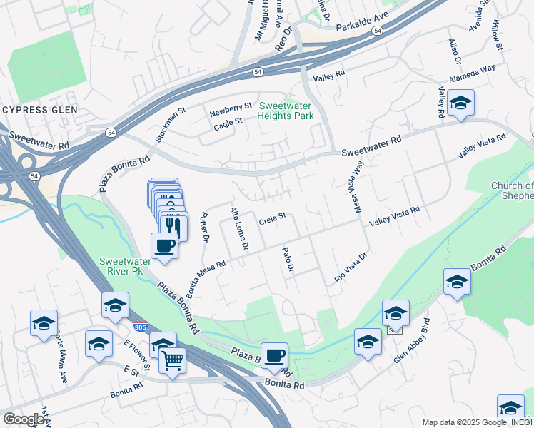 map of restaurants, bars, coffee shops, grocery stores, and more near 3135 Crela Street in Bonita
