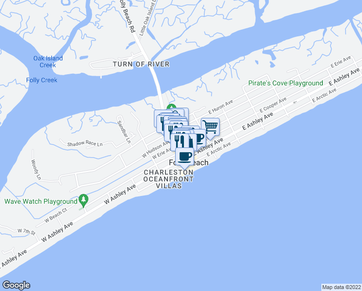 map of restaurants, bars, coffee shops, grocery stores, and more near 26 Center Street in Folly Beach