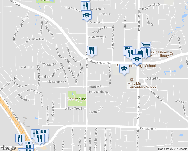 map of restaurants, bars, coffee shops, grocery stores, and more near 4202 Brownwood Lane in Arlington