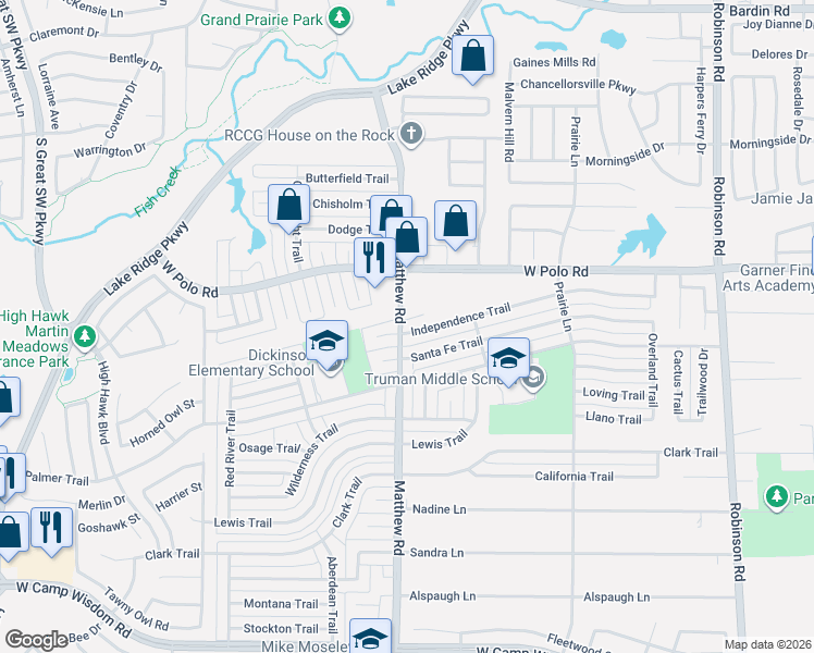 map of restaurants, bars, coffee shops, grocery stores, and more near 1726 Independence Trail in Grand Prairie