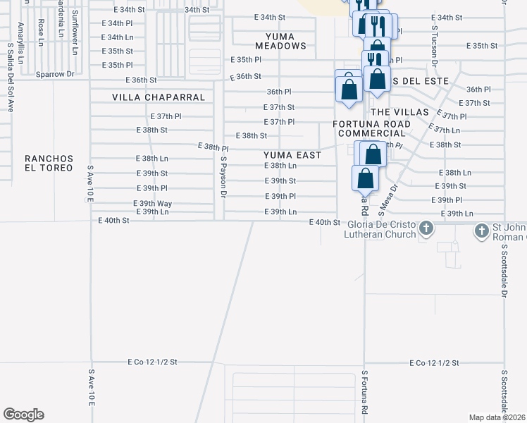 map of restaurants, bars, coffee shops, grocery stores, and more near 10692 East 39th Lane in Yuma