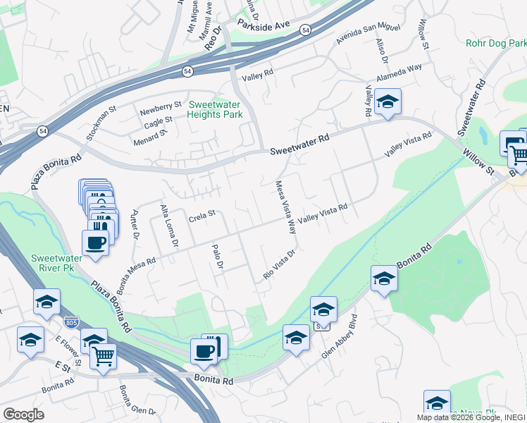 map of restaurants, bars, coffee shops, grocery stores, and more near 3745 Duffy Way in Bonita