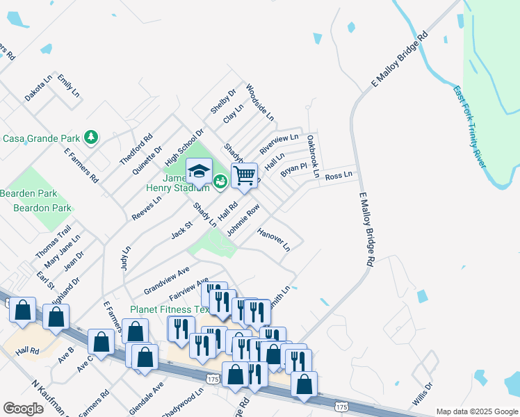 map of restaurants, bars, coffee shops, grocery stores, and more near 826 Johnnie Row in Seagoville