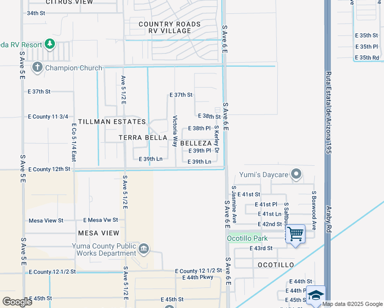 map of restaurants, bars, coffee shops, grocery stores, and more near 5853 East 39th Place in Yuma
