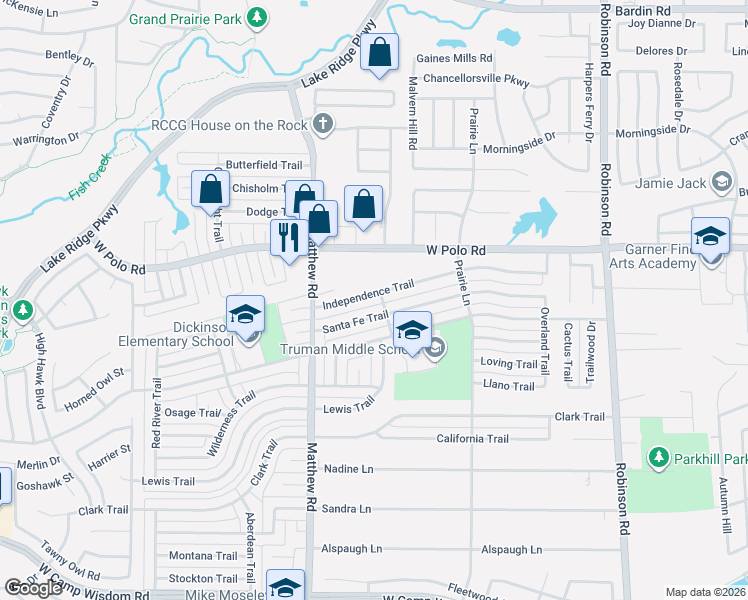 map of restaurants, bars, coffee shops, grocery stores, and more near 1529 Independence Trail in Grand Prairie