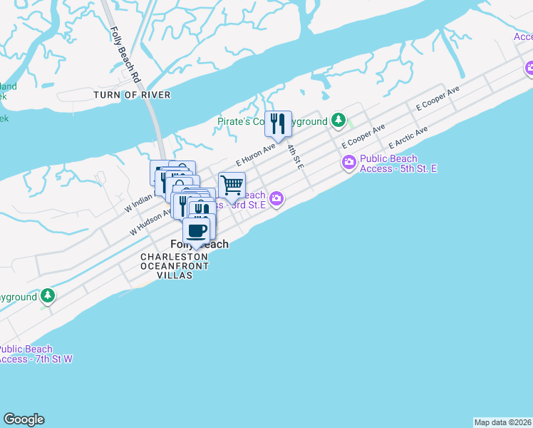map of restaurants, bars, coffee shops, grocery stores, and more near 219 East Arctic Avenue in Folly Beach