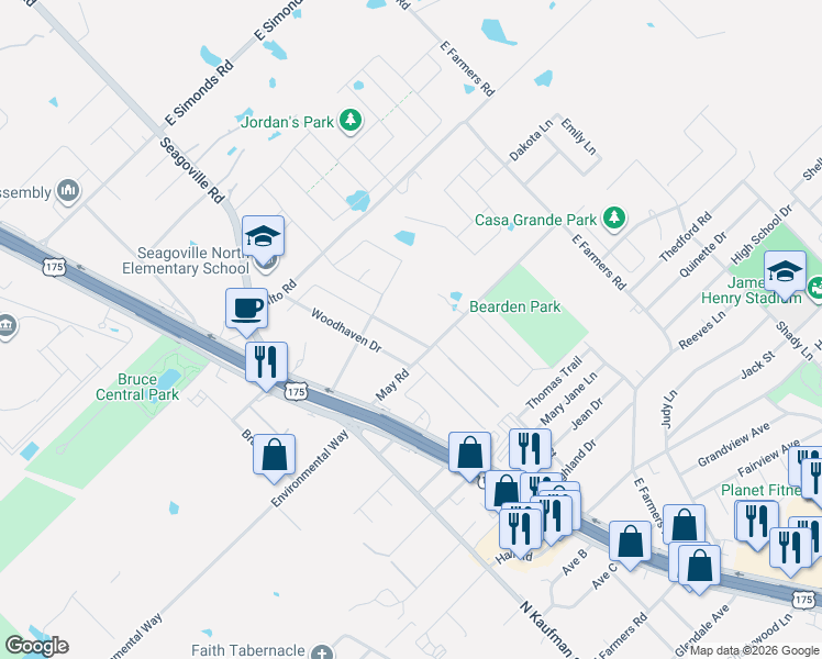 map of restaurants, bars, coffee shops, grocery stores, and more near 1610 Parkhaven Drive in Seagoville