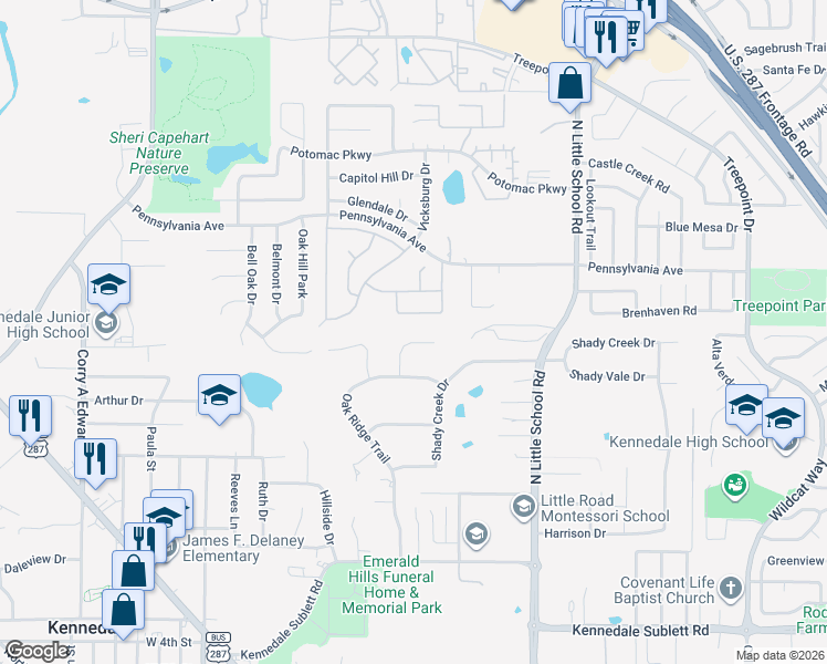map of restaurants, bars, coffee shops, grocery stores, and more near 1007 Oakridge Court in Kennedale