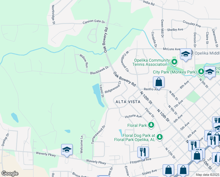 map of restaurants, bars, coffee shops, grocery stores, and more near 804 Ridgewood Court in Opelika