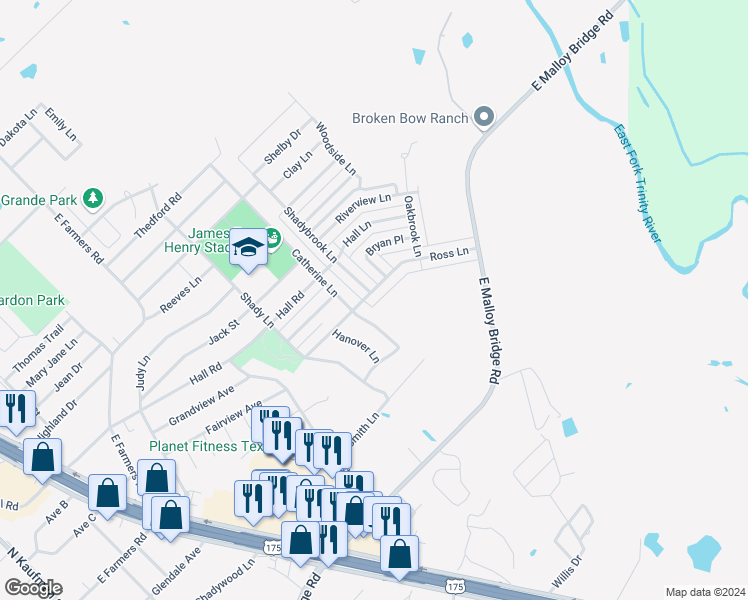 map of restaurants, bars, coffee shops, grocery stores, and more near 1204 Ross Lane in Seagoville