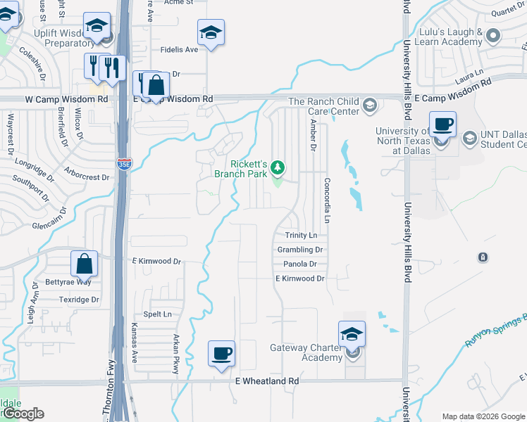 map of restaurants, bars, coffee shops, grocery stores, and more near 7528 Wesleyan Drive in Dallas
