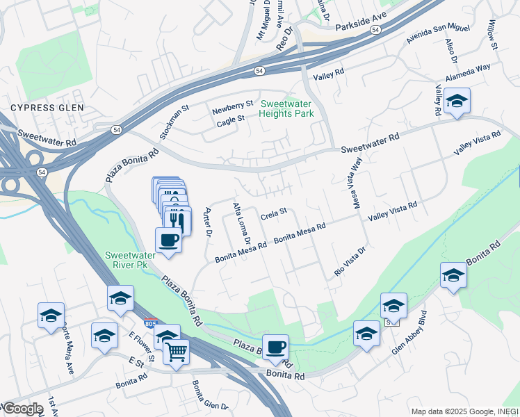 map of restaurants, bars, coffee shops, grocery stores, and more near 3101 Royal Place in Bonita