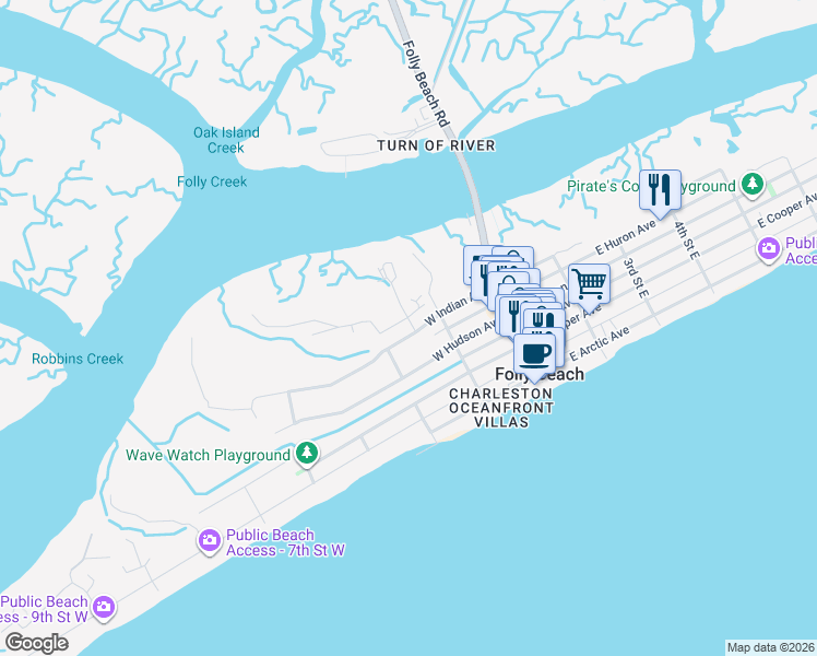 map of restaurants, bars, coffee shops, grocery stores, and more near 212 Sandbar Lane in Folly Beach