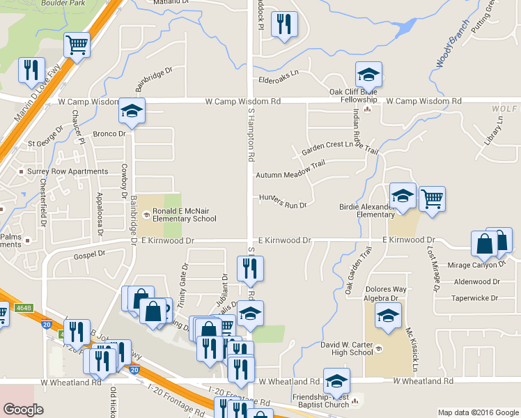 map of restaurants, bars, coffee shops, grocery stores, and more near 7457 Hunters Run Court in Dallas