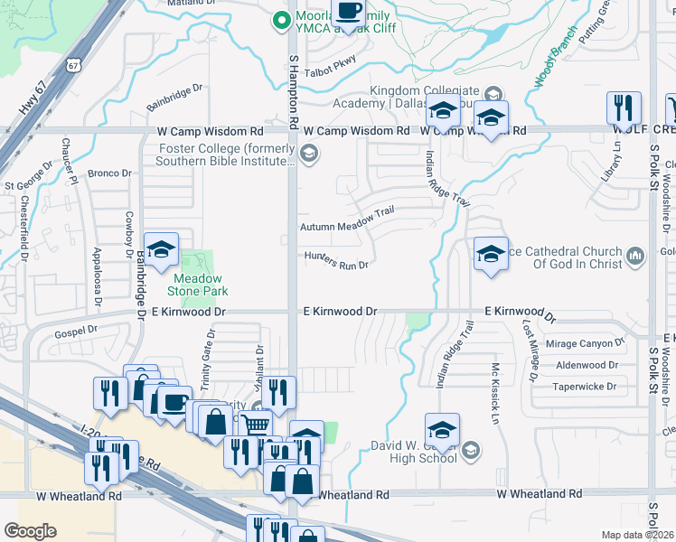 map of restaurants, bars, coffee shops, grocery stores, and more near 2227 Hunters Run Drive in Dallas