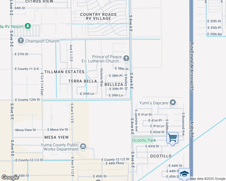 map of restaurants, bars, coffee shops, grocery stores, and more near 5871 East 39th Place in Yuma