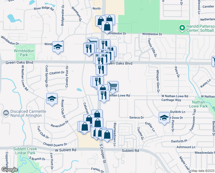 map of restaurants, bars, coffee shops, grocery stores, and more near 5521 South Cooper Street in Arlington