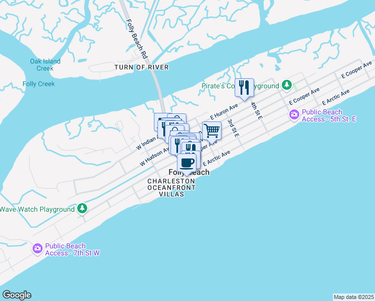 map of restaurants, bars, coffee shops, grocery stores, and more near 26 Center Street in Folly Beach