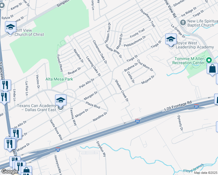 map of restaurants, bars, coffee shops, grocery stores, and more near 6603 Leaning Oaks Street in Dallas