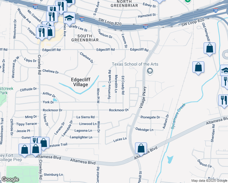 map of restaurants, bars, coffee shops, grocery stores, and more near 6016 Meredith Lane in Fort Worth