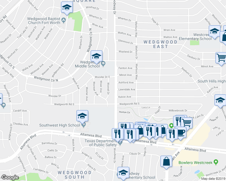 map of restaurants, bars, coffee shops, grocery stores, and more near 6012 Woodway Drive in Fort Worth