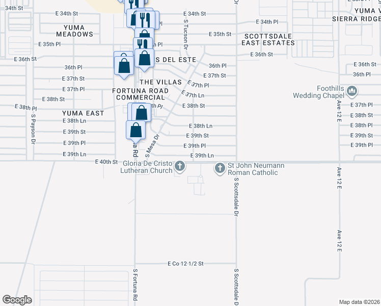 map of restaurants, bars, coffee shops, grocery stores, and more near 11322 East 39th Lane in Yuma