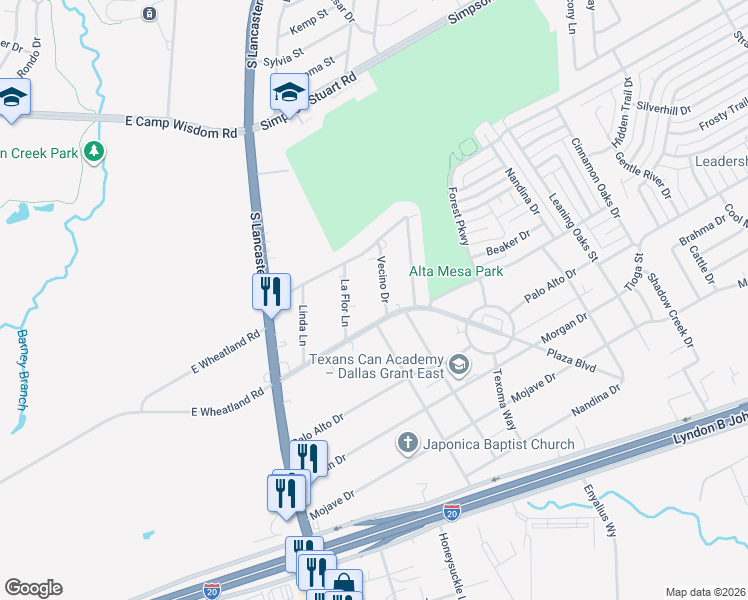 map of restaurants, bars, coffee shops, grocery stores, and more near 7323 Vecino Drive in Dallas