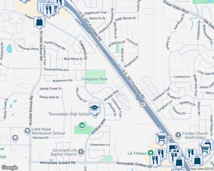 map of restaurants, bars, coffee shops, grocery stores, and more near 5821 Rock Meadow Trail in Arlington