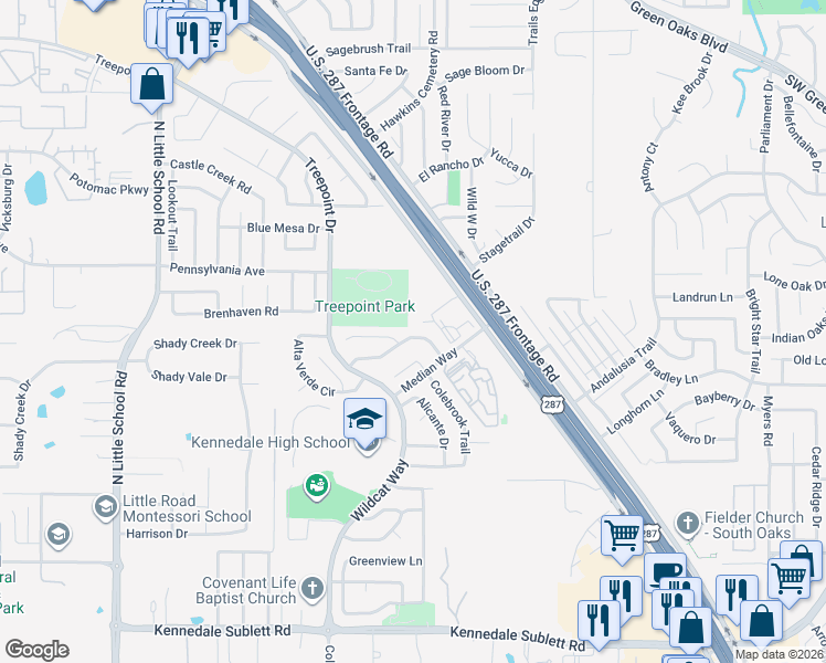 map of restaurants, bars, coffee shops, grocery stores, and more near 5821 Rock Meadow Trail in Arlington