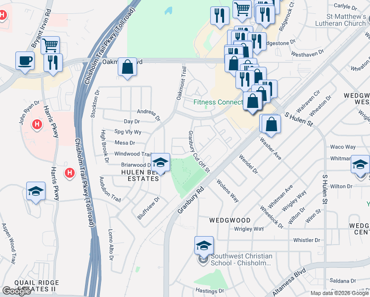 map of restaurants, bars, coffee shops, grocery stores, and more near 6250 Granbury Cut Off Street in Fort Worth
