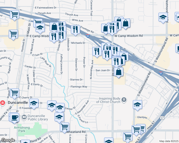 map of restaurants, bars, coffee shops, grocery stores, and more near 435 North Alexander Avenue in Duncanville