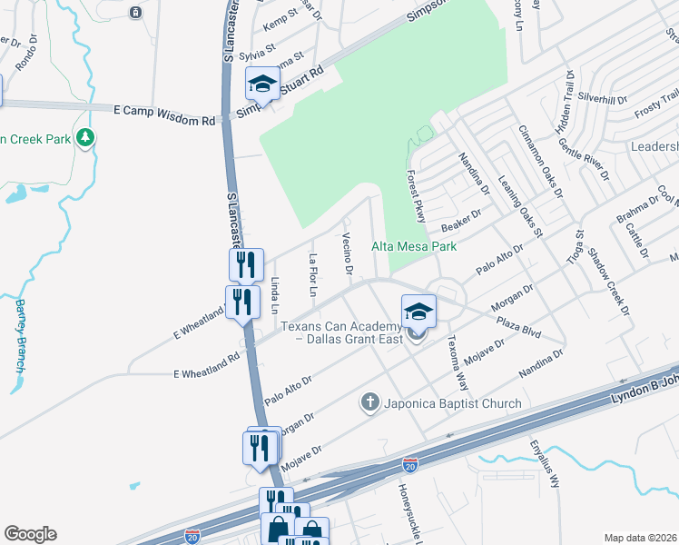 map of restaurants, bars, coffee shops, grocery stores, and more near 7323 Vecino Drive in Dallas