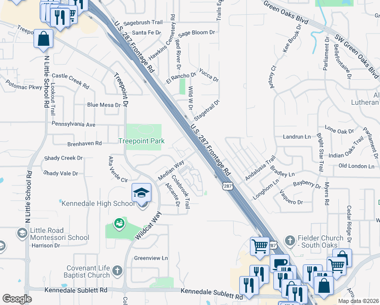 map of restaurants, bars, coffee shops, grocery stores, and more near 3500 Median Way in Arlington