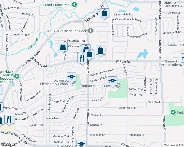 map of restaurants, bars, coffee shops, grocery stores, and more near 1726 Independence Trail in Grand Prairie