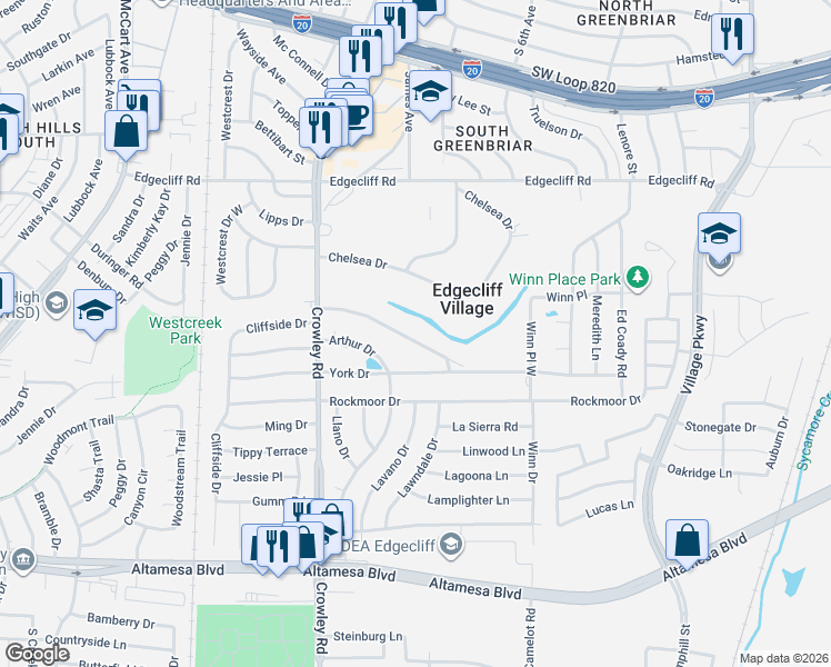 map of restaurants, bars, coffee shops, grocery stores, and more near 20 Cliffside Drive in Fort Worth