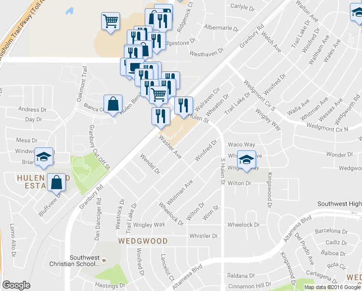 map of restaurants, bars, coffee shops, grocery stores, and more near 6245 Wheaton Drive in Fort Worth