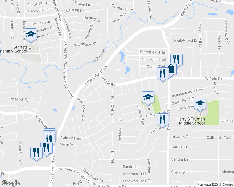 map of restaurants, bars, coffee shops, grocery stores, and more near 2130 Spanish Trail in Grand Prairie