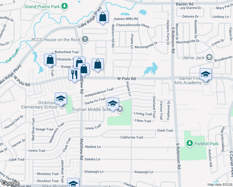 map of restaurants, bars, coffee shops, grocery stores, and more near 1502 Santa Fe Trail in Grand Prairie
