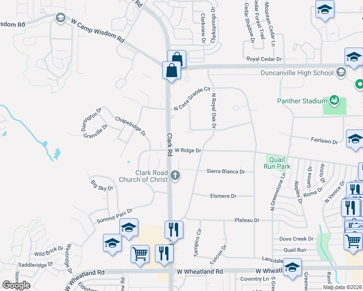 map of restaurants, bars, coffee shops, grocery stores, and more near 1415 W Ridge Dr in Duncanville