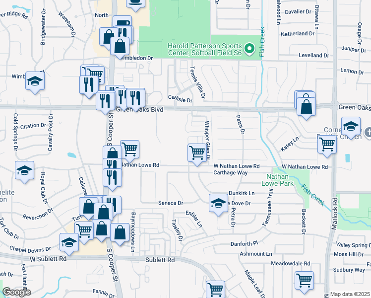 map of restaurants, bars, coffee shops, grocery stores, and more near 5520 White Dove Drive in Arlington