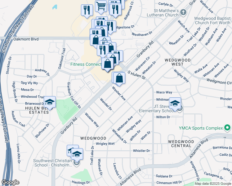 map of restaurants, bars, coffee shops, grocery stores, and more near 6301 Walraven Circle in Fort Worth